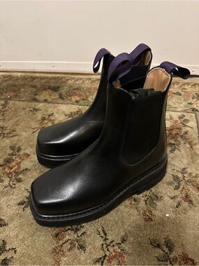 Eytys Black Leather Chelsea Boots with Purple Pull Tabs